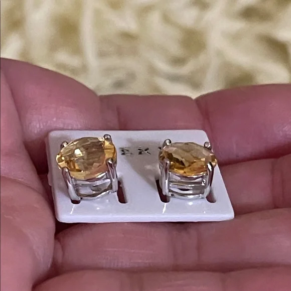NWT Natural Citrine Gemstone 925 Silver Stud Earrings 7.7mm each stone